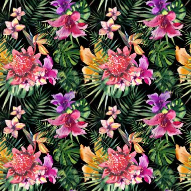 Tropik çiçekler hibiscus orkide ve avuç içi çiçek bitkisel yaz desen siyah arka plan üzerine suluboya yaprakları güzel parlak güzel renkli tropikal hawaii el kroki