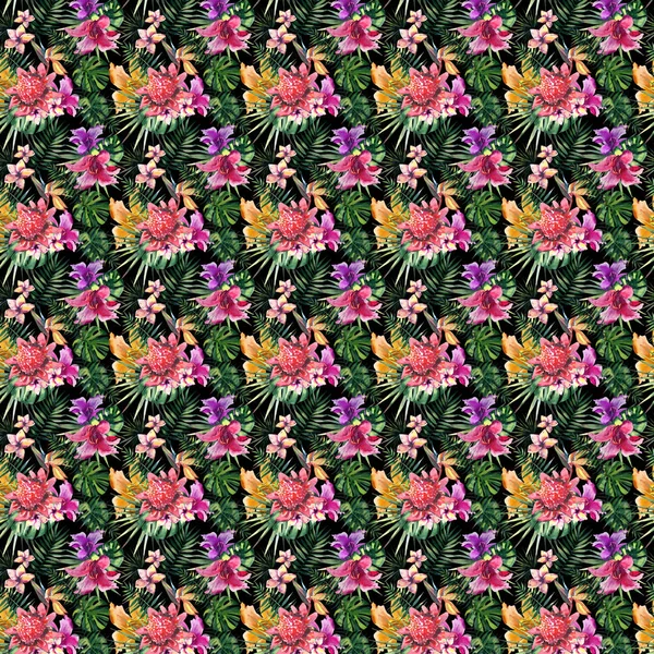 Vackra ljusa härliga färgglada tropiska hawaii blommig växtbaserade sommaren mönster av tropiska blommor hibiscus orkidéer och palms lämnar på svart bakgrund akvarell hand skiss — Stockfoto