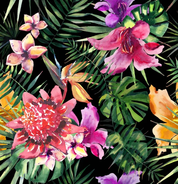 Mooie heldere mooie kleurrijke tropische hawaii floral kruiden zomer patroon van tropische bloemen hibiscus orchideeën en palmen verlaat op zwarte achtergrond frame aquarel hand schets — Stockfoto