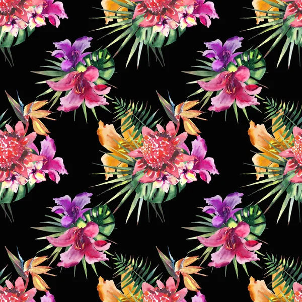 Güzel parlak güzel renkli tropikal hawaii çiçek bitkisel yaz desen tropikal hibiscus orkide çiçekler ve avuç içi siyah arka plan çerçeve suluboya el kroki üzerinde bırakır — Stok fotoğraf