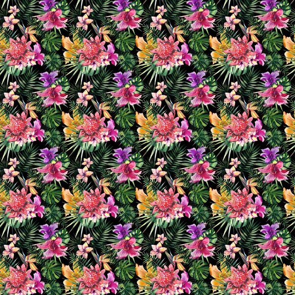 Belle lumineux belle coloré tropical hawaii floral motif d'été à base de plantes de fleurs tropicales hibiscus orchidées et feuilles de palmiers sur fond noir aquarelle croquis à la main — Photo