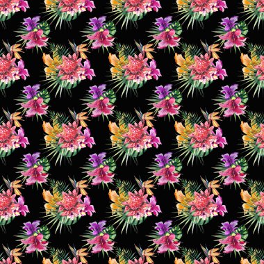 Tropik çiçekler hibiscus orkide ve avuç içi çiçek bitkisel yaz desen siyah arka plan üzerine suluboya yaprakları güzel parlak güzel renkli tropikal hawaii el kroki