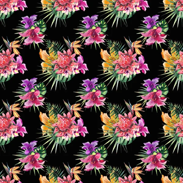 Belle lumineux belle coloré tropical hawaii floral motif d'été à base de plantes de fleurs tropicales hibiscus orchidées et feuilles de palmiers sur fond noir aquarelle croquis à la main — Photo