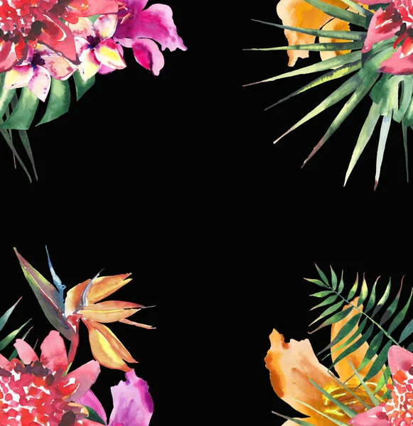 Mooie heldere mooie kleurrijke tropische hawaii floral kruiden zomer patroon van tropische bloemen hibiscus orchideeën en palmen verlaat op zwarte achtergrond frame aquarel hand schets — Stockfoto