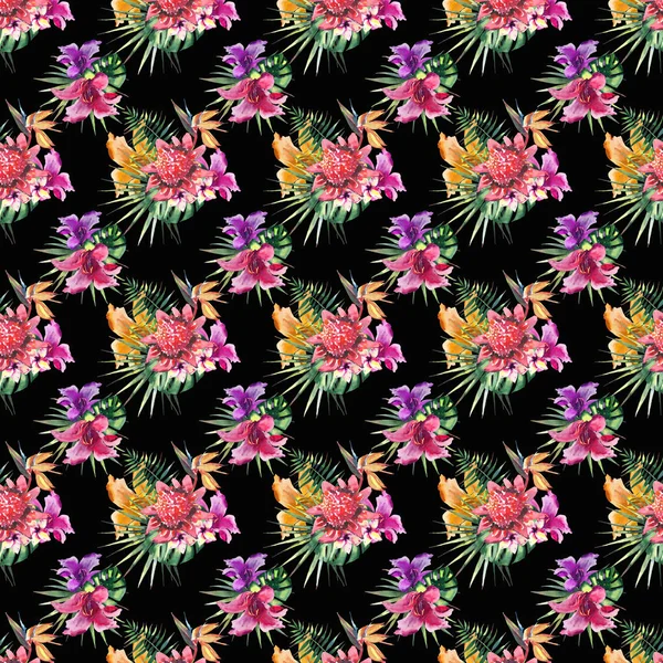 Krásné světlé krásné barevné tropické Havaji květinové bylinné letní vzor ibišek orchideje tropických květin a palem listy na černém pozadí akvarel rukou skici — Stock fotografie