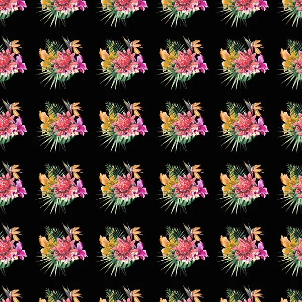 Красивый яркий прекрасный красочные тропические Гавайи цветочные травяные летний узор тропических цветов гибискуса орхидеи и пальмы листья на черном фоне акварели руки эскиз — стоковое фото