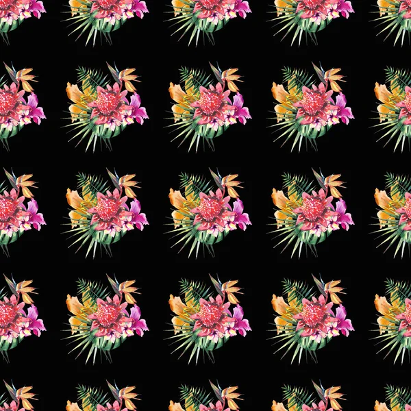 Красивый яркий прекрасный красочные тропические Гавайи цветочные травяные летний узор тропических цветов гибискуса орхидеи и пальмы листья на черном фоне акварели руки эскиз — стоковое фото