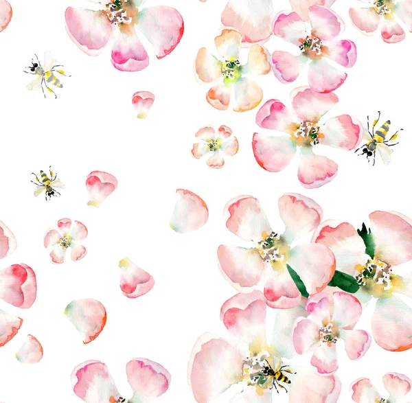 Kifinomult szép aranyos szép pályázati gyógynövény virágos tavaszi virágok, alma, zöld levelek és a méhek minta akvarell kézi illusztráció — Stock Fotó