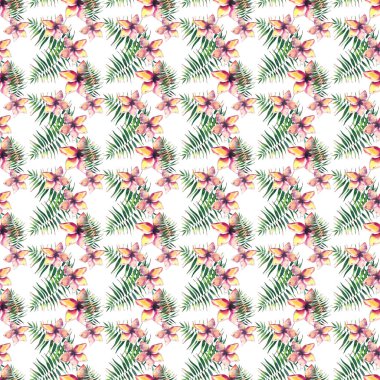 Parlak güzel ihale güzel tropikal hawaii çiçek yaz desen tropic hafif pembe ve sarı çiçek sofistike ve suluboya el illüstrasyon yeşil palmiye yaprakları