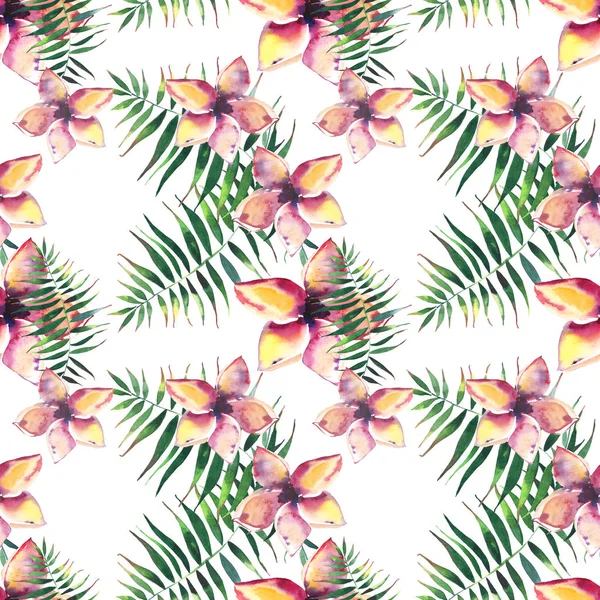 Bright beautiful tender sophisticated lovely tropical hawaii floral summer pattern of a tropic light pink and yellow flowers watercolor hand illustration — Stock Photo, Image