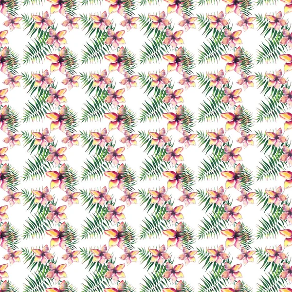 Hell schön zart raffiniert schöne tropische Hawaii florales Sommermuster eines tropischen hellrosa und gelben Blüten und grünen Palmblättern Aquarell Hand Illustration — Stockfoto