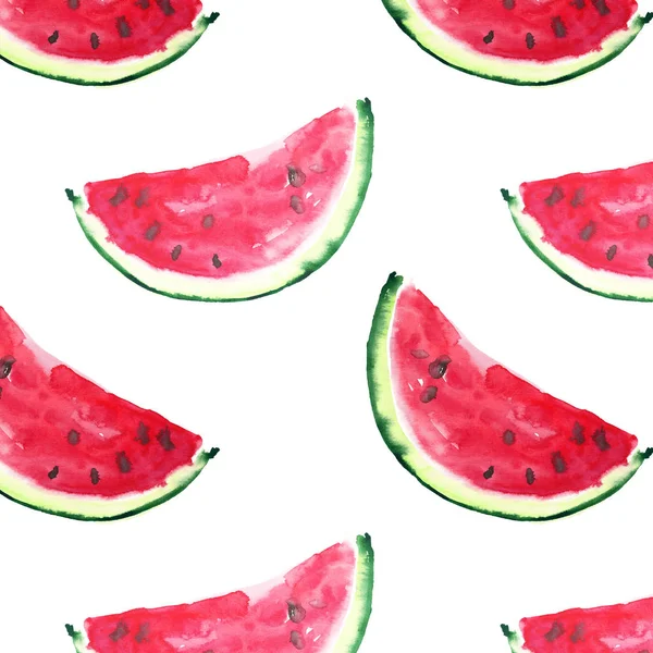 Beautiful wonderful bright colorful delicious tasty yummy ripe juicy cute lovely red summer fresh dessert slices of watermelon  pattern hand illustration — Stock Photo, Image