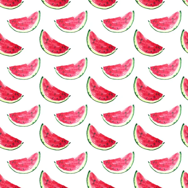 Beautiful wonderful bright colorful delicious tasty yummy ripe juicy cute lovely red summer fresh dessert slices of watermelon pattern watercolor hand sketch — Stock Photo, Image