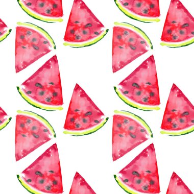 Güzel harika parlak renkli lezzetli lezzetli lezzetli olgun sulu tatlı güzel kırmızı yaz taze tatlı dilim karpuz desen suluboya kroki el