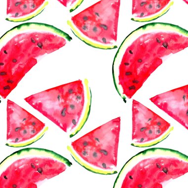 Güzel harika parlak renkli lezzetli lezzetli lezzetli olgun sulu tatlı güzel kırmızı yaz taze tatlı dilim karpuz desen el çizimi