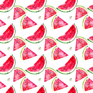 Güzel parlak renkli lezzetli lezzetli lezzetli olgun sulu tatlı güzel kırmızı yaz taze tatlı dilim karpuz ve arı desen suluboya el kroki