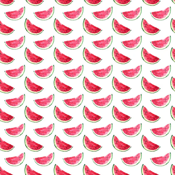 Linda maravilhosa brilhante colorido delicioso saboroso saboroso maduro suculento bonito adorável vermelho verão fresco sobremesa fatias de melancia padrão mão ilustração — Fotografia de Stock