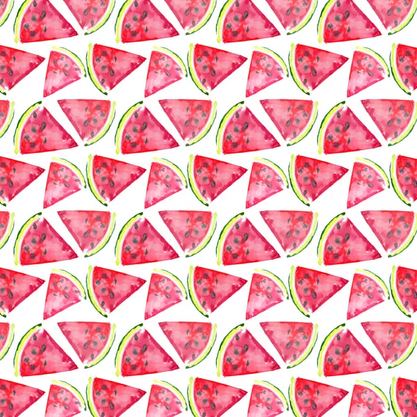 Beautiful wonderful bright colorful delicious tasty yummy ripe juicy cute lovely red summer fresh dessert slices of watermelon pattern watercolor hand sketch — Stock Photo, Image