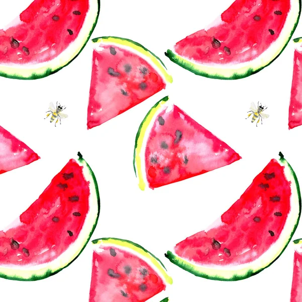 Beautiful bright colorful delicious tasty yummy ripe juicy cute lovely red summer fresh dessert slices of watermelon and bee pattern watercolor hand sketch — Stock Photo, Image