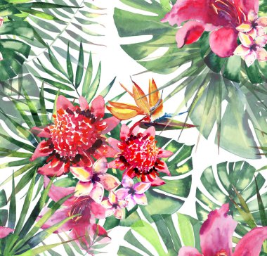 Güzel parlak güzel renkli tropikal hawaii çiçek bitkisel yaz desen tropikal hibiscus orkide çiçek ve yaprak suluboya el kroki palms