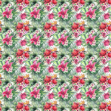 Güzel parlak güzel renkli tropikal hawaii çiçek bitkisel yaz desen tropikal hibiscus orkide çiçek ve yaprak suluboya el kroki palms