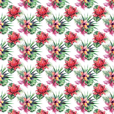 Güzel parlak güzel renkli tropikal hawaii çiçek bitkisel yaz desen tropikal hibiscus orkide çiçek ve yaprak suluboya el kroki palms