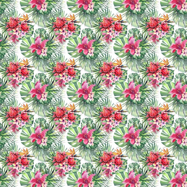 Mooie heldere mooie prachtige groene tropische hawaii floral kruiden zomer kleurrijke patroon van tropische bloemen en palmen verlaat aquarel hand schets — Stockfoto