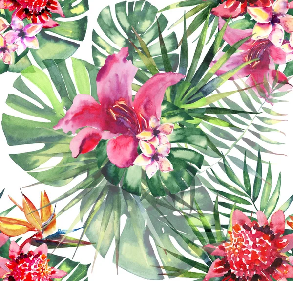 Vackra ljusa härliga färgglada tropiska hawaii blommig växtbaserade sommaren mönster av tropiska blommor hibiscus orkidéer och palms bladen akvarell hand skiss — Stockfoto