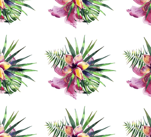 Vackra ljusa härliga färgglada tropiska hawaii blommig växtbaserade sommaren mönster av tropiska blommor hibiscus orkidéer och palms bladen akvarell hand skiss — Stockfoto