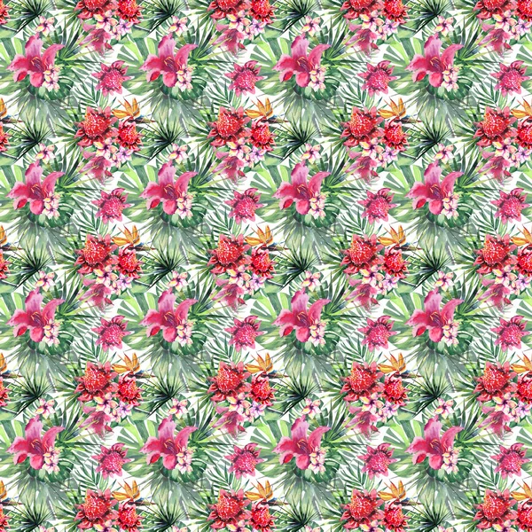 Hermoso brillante hermoso colorido tropical hawaii floral patrón de verano herbal de flores tropicales orquídeas hibisco y palmeras hojas acuarela boceto de la mano —  Fotos de Stock