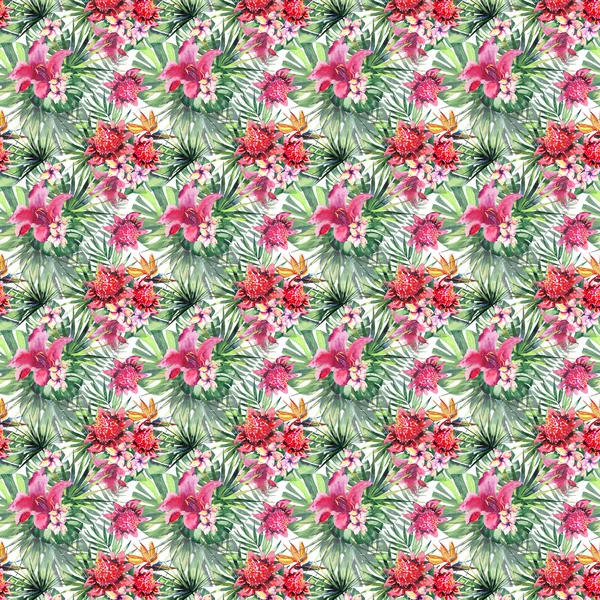 Belle lumineux belle coloré tropical hawaii floral motif d'été à base de plantes de fleurs tropicales hibiscus orchidées et palmiers feuilles aquarelle croquis à la main — Photo