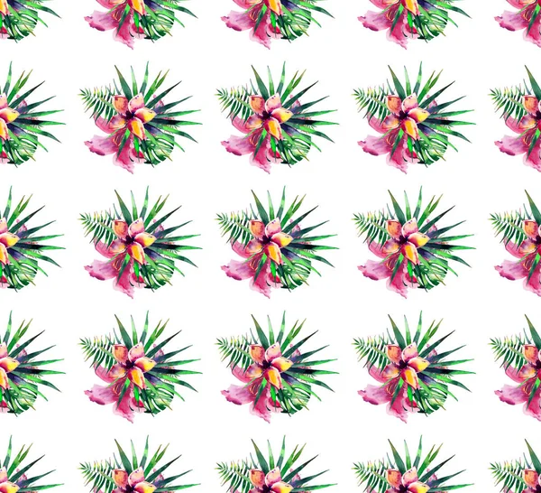 Прекрасний яскравий прекрасний барвистий тропічний гавайський квітковий літній візерунок тропічних квітів гібіскусових орхідей і долонь листя акварелі ручної роботи ескіз — стокове фото