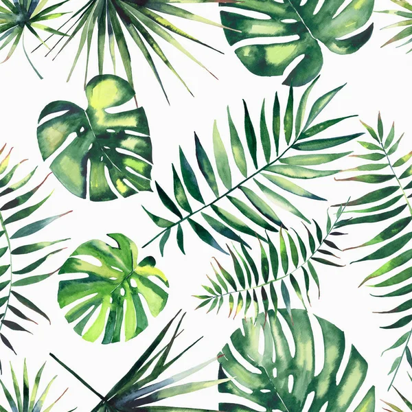 明亮美丽绿色草药热带奇妙夏威夷花夏天的图案的热带棕榈树水彩手图 — 图库照片