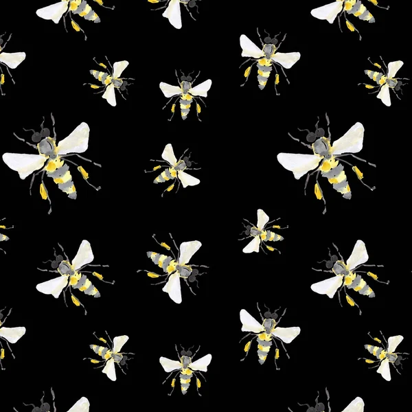 Bal arıları siyah arka plan suluboya el çizimi üzerinde güzel parlak grafik soyut şirin güzel sanatsal vintage yaz renkli dikey paterni — Stok fotoğraf