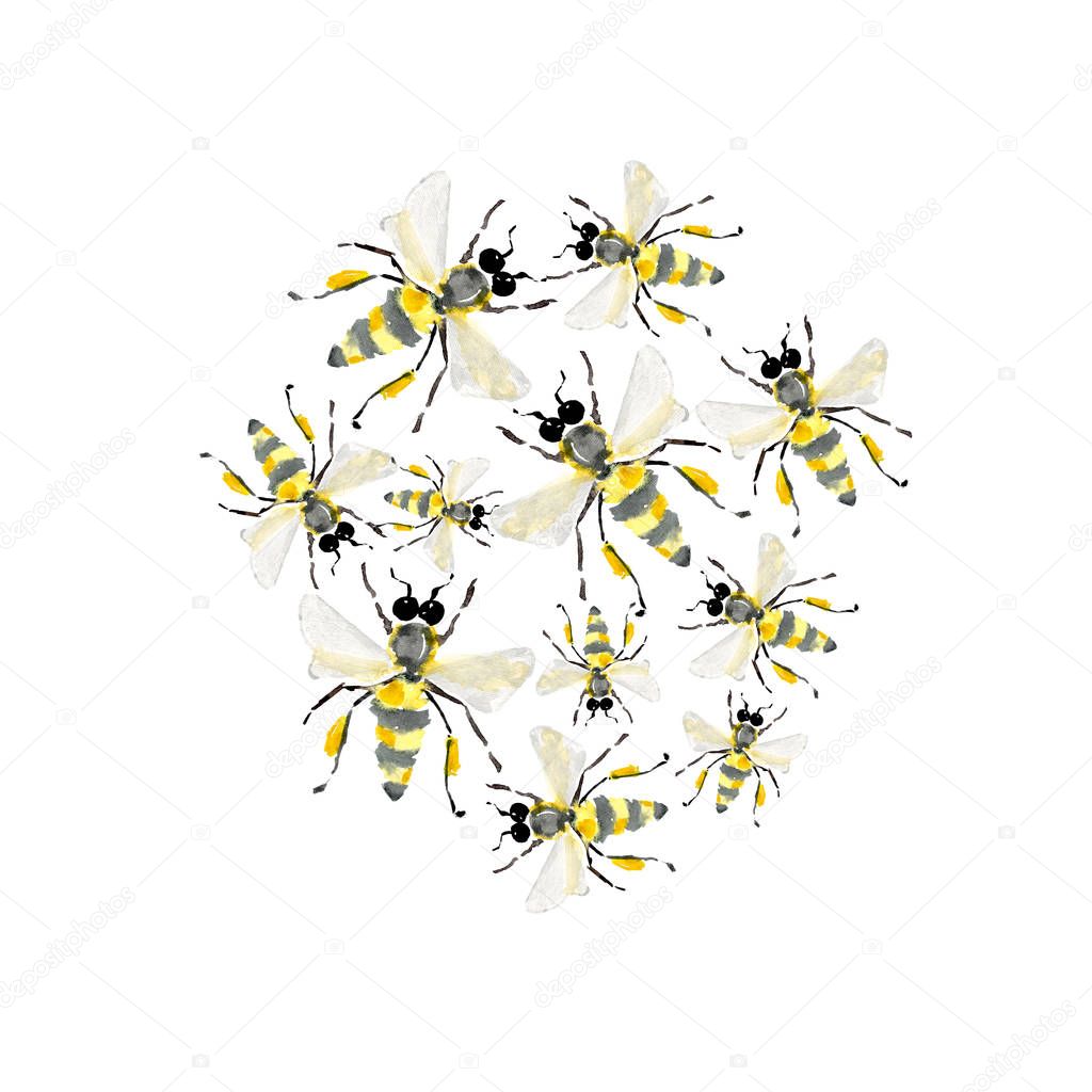 Beautiful bright graphic abstract cute lovely summer colorful pattern of honey bees watercolor hand illustration