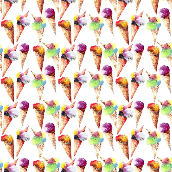 Mooie heldere heerlijke lekkere chocolade lekker leuke zomerse dessert ijs in een wafel hoorn patroon aquarel hand illustratie — Stockfoto