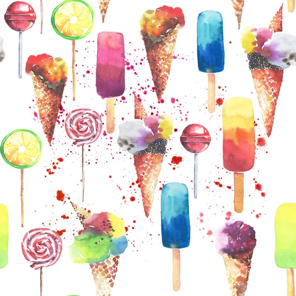 Beautiful bright colorful delicious tasty yummy cute summer dessert frozen juice ice cream in a waffle horn candies on a sticks pattern watercolor hand illustration — Stock Photo, Image