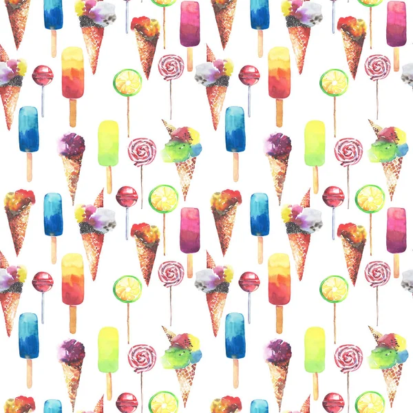 Hermoso brillante colorido delicioso sabroso delicioso lindo postre de verano helado jugo congelado en un waffle cuerno caramelos en un patrón de palos acuarela mano ilustración — Foto de Stock
