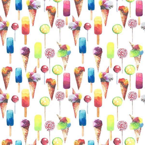 Schöne helle bunte köstliche leckere leckere süße Sommer-Dessert gefrorenes Safteis in einer Waffel Horn Bonbons auf einem Stockmuster Aquarell Hand Illustration — Stockfoto