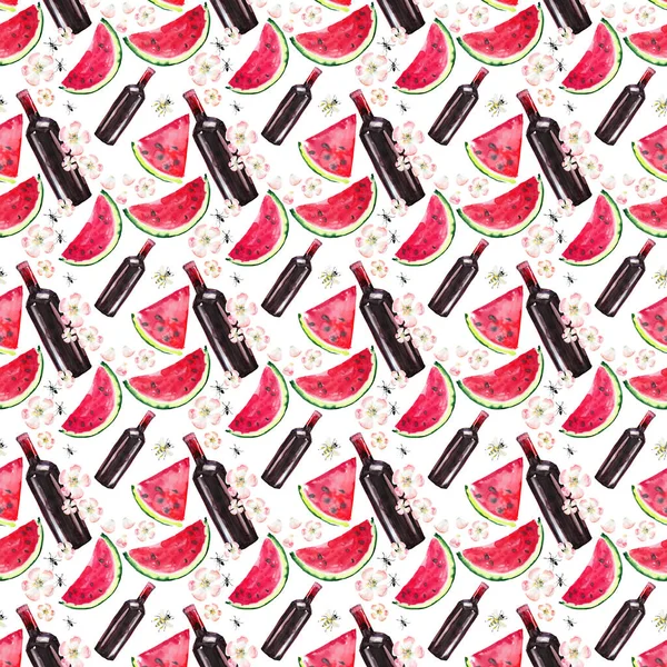 Splendido bello meraviglioso delizioso delizioso delizioso delizioso picnic estivo set include bottiglia di vino rosso, fette di anguria, fiori di mela, ape e formiche modello acquerello mano illustrazione — Foto Stock