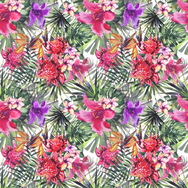 Schöne helle niedliche schöne wunderbare grüne tropische Hawaii Blumen Kräuter Sommer bunte Muster tropischer rot violett lila rosa Blumen und Palmen Blätter Aquarell Handskizze — Stockfoto