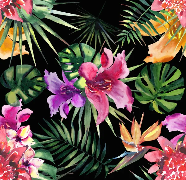 Beautiful bright lovely colorful tropical hawaii floral herbal summer pattern of tropical flowers hibiscus orchids and palms leaves on black background watercolor hand sketch