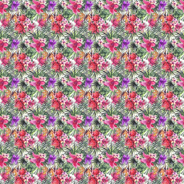 Vackra ljusa Söt härlig underbart gröna tropiska hawaii blommig växtbaserade sommaren färgglada mönster av tropiska röd violett lila rosa blommor och palmer bladen akvarell hand skiss — Stockfoto