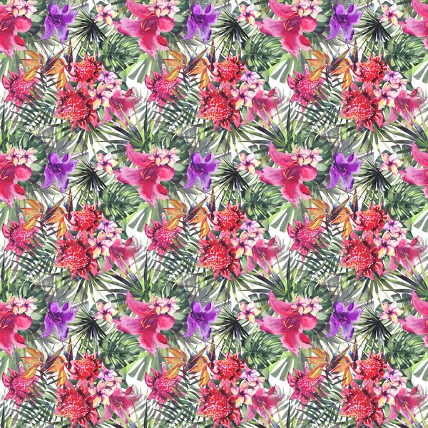 Schöne helle niedliche schöne wunderbare grüne tropische Hawaii Blumen Kräuter Sommer bunte Muster tropischer rot violett lila rosa Blumen und Palmen Blätter Aquarell Handskizze — Stockfoto