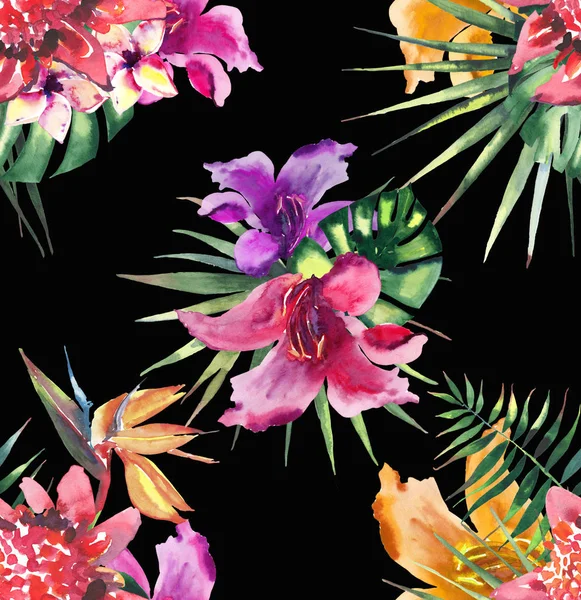 Beautiful bright lovely colorful tropical hawaii floral herbal summer pattern of tropical flowers hibiscus orchids and palms leaves on black background watercolor hand sketch