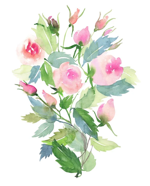 Beautiful delicate tender cute elegant lovely floral colorful spring summer pink and red roses with buds and leaves bouquet watercolor hand illustration — Stock Photo, Image