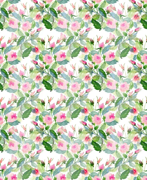 Beautiful delicate tender cute elegant lovely floral colorful spring summer pink and red roses with buds and leaves bouquets pattern watercolor hand illustration — Stock Photo, Image