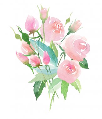 Güzel hassas ihale şirin zarif güzel çiçek renkli bahar yaz pembe ve kırmızı gül tomurcukları ve yaprakları buket suluboya el çizim ile