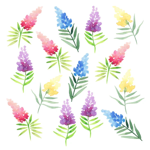 Délicate délicate mignonne élégante belle floral coloré printemps été rouge, bleu, violet et jaune fleurs sauvages avec motif feuilles vertes aquarelle illustration à la main — Photo