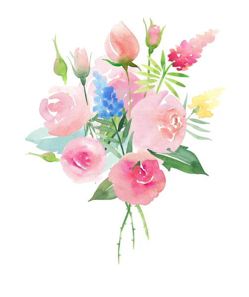Hermosa delicada tierna lindo elegante floral colorido primavera verano rosa y rosas rojas con brotes y hojas ramo acuarela mano ilustración — Foto de Stock